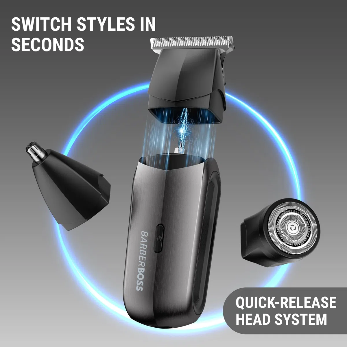 BarberBoss 3-in-1 Reiseschneider für Männer, Bart- & Haarschneider, Nasen- & Ohrentrimmer, Mini Elektrorasierer Herren, Dual-Speed Trimmer Set (Metallisches Pistolenpulver) | Reise-Trimmer-Set, Bart- und Haarschneider, Nasen- und Ohrentrimmer, Mini-Folien