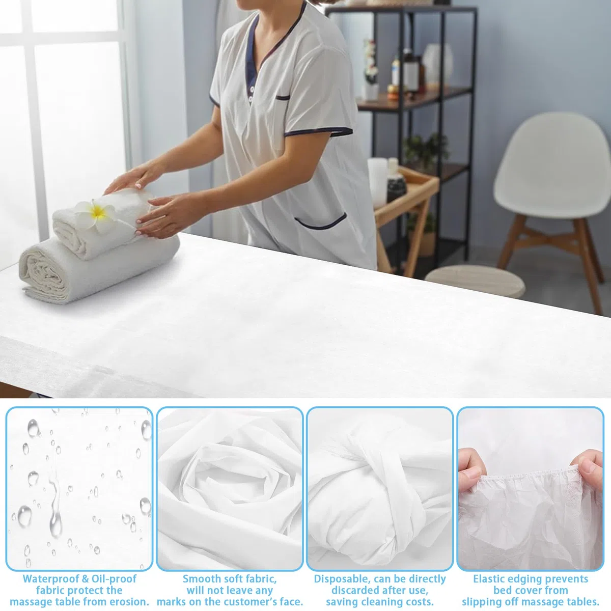 Einweg Spannlaken Massageliegen Bettlaken,90x215cm Einweg Spannbezug Massage-Spa-Bettlaken mit elastischer, weiche Vliesstoff-Massagetisch-Bettlaken-Schutzbettdecken für Schönheitssalon (weiß-30pcs)