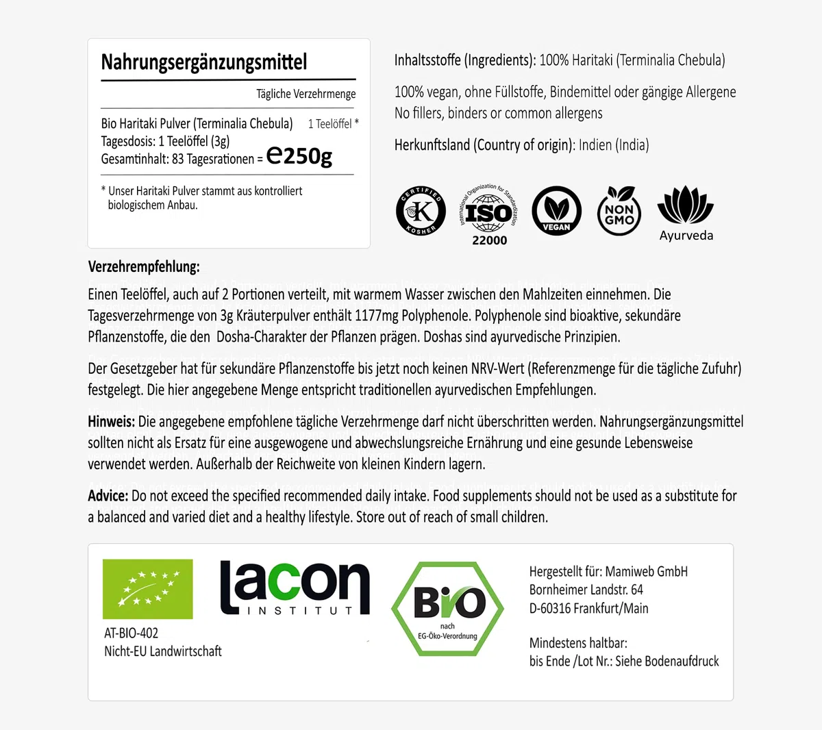 Haritaki BIO Pulver | Premium Qualität - Haritaki Club | Laborgeprüft und EU Bio zertifiziert | Vegan, Kosher, Halal zu 100% natürlich | Kadukkai, Terminalia Chebula | 250g Ayurveda reines Bio Pulver
