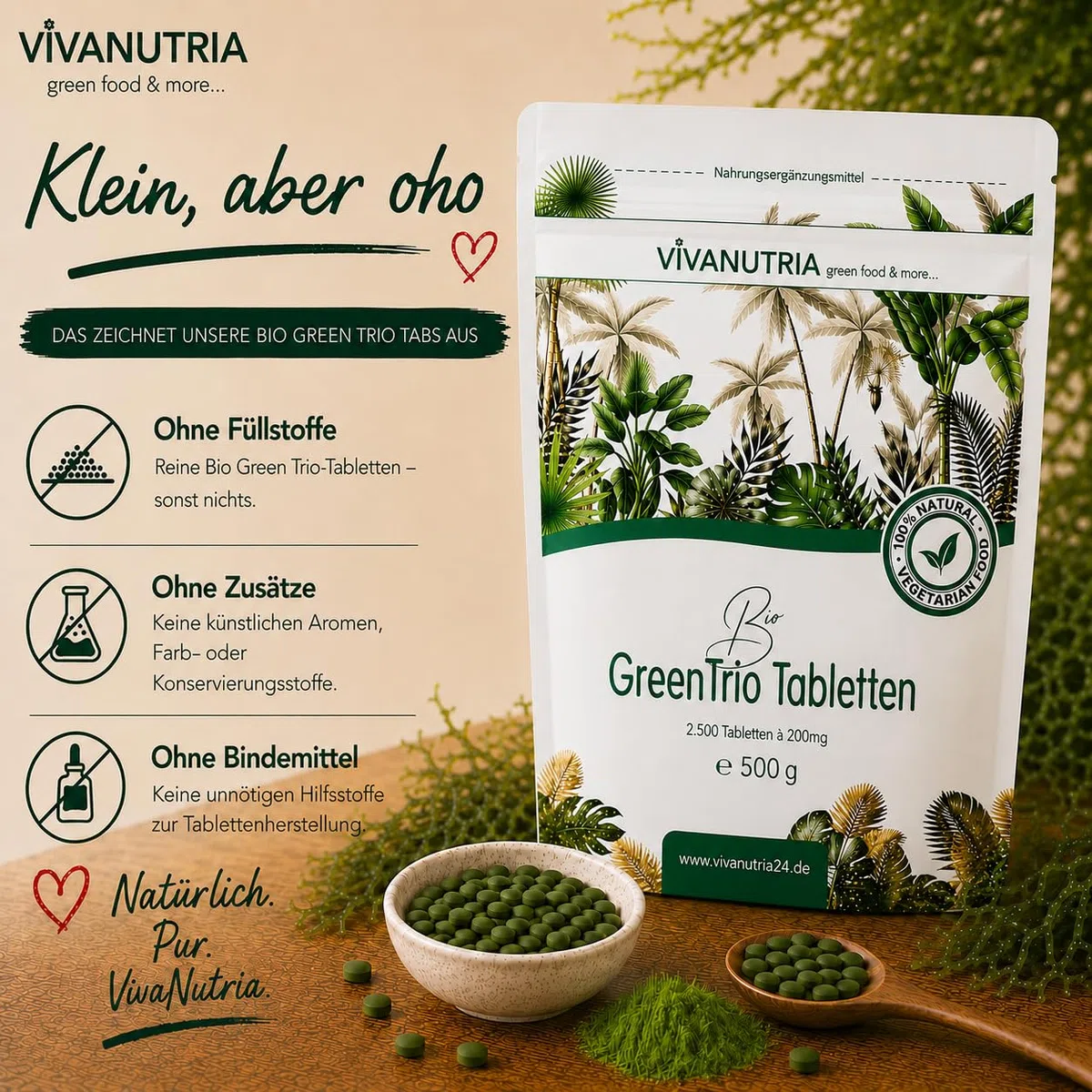 VivaNutria Bio Green Trio Presslinge 500g | aus kontrolliert biologischem Anbau I 2500 Tabletten aus Spirulina Chlorella & Gerstengras I ohne Zusätze I Rohkostqualität I vegan