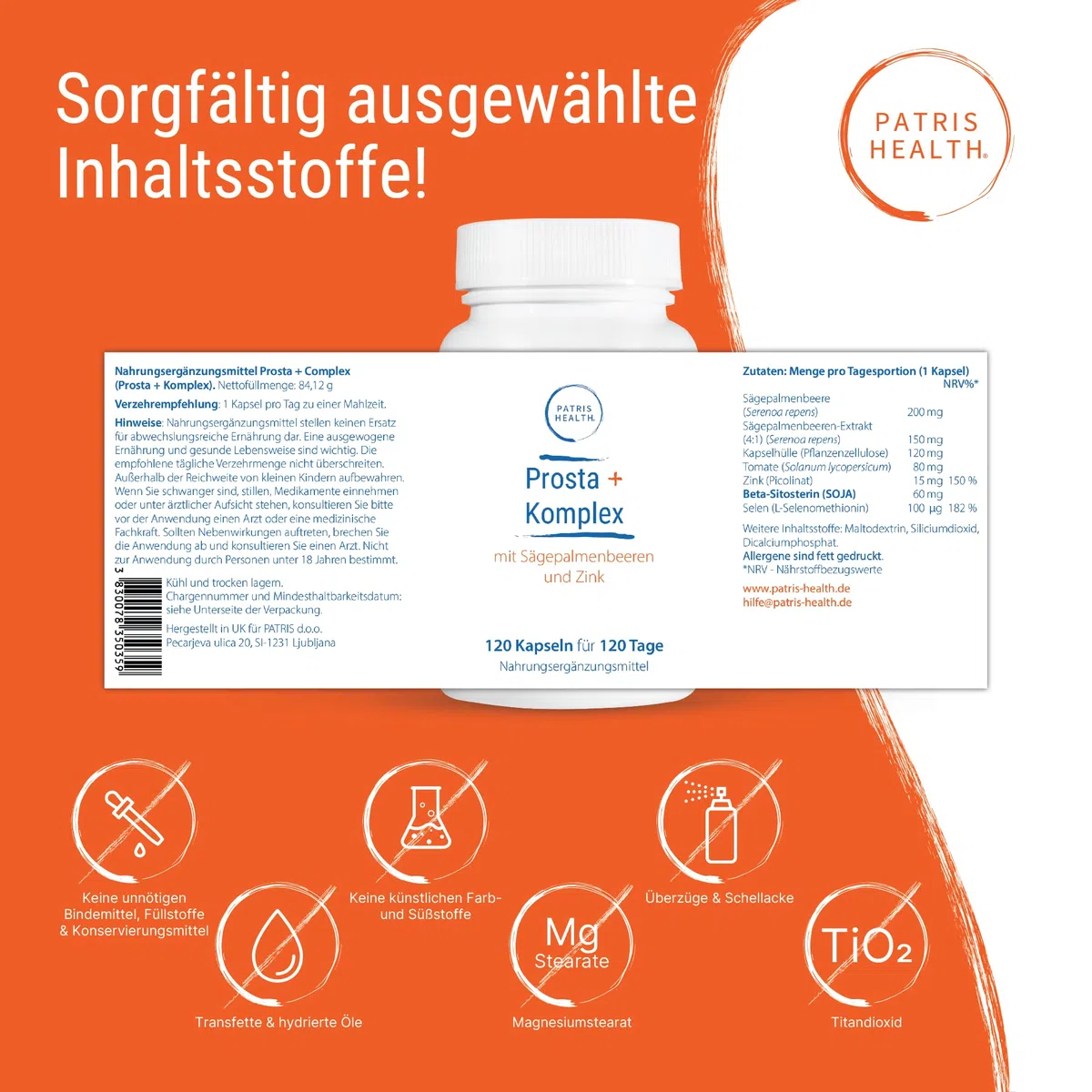 Prosta+ Komplex, 120 Kapseln, mit Sägepalmenbeeren, Tomate, Beta-Sitosterol, Selen und Zink