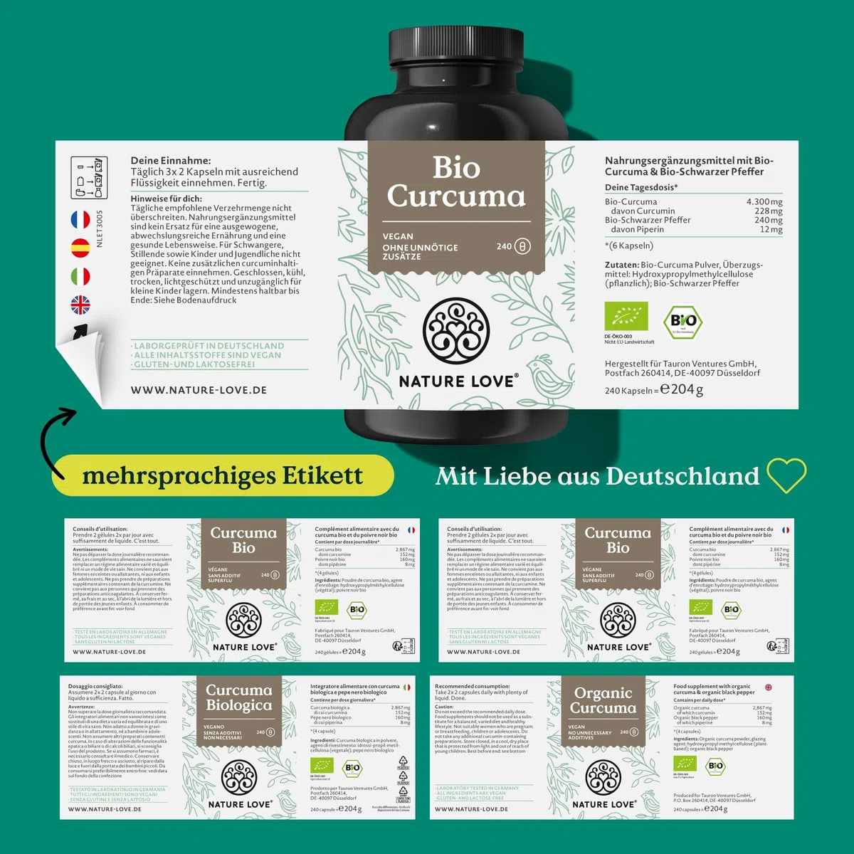 NATURE LOVE Bio Curcuma - 240 Kapseln - mit Curcumin aus Kurkuma und Piperin aus schwarzem Pfeffer - hochdosiert, vegan, laborgeprüft und in Deutschland hergestellt