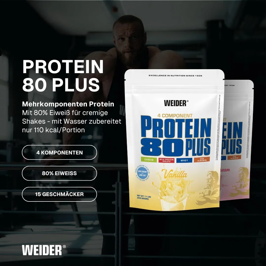 Weider - Protein 80 Plus - 4-Komponenten Protein Pulver - Hoher Proteingehalt mit 80% Eiweiß - Cremige Shakes mit Calcium & Vitamin B6 - 500g - Vanille