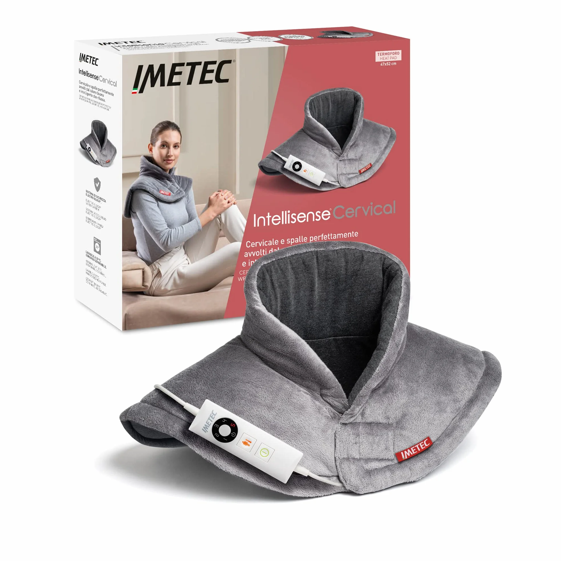 Imetec Intellisense Cervical-Heizkissen für Hals und Schultern, Wärmekissen 47 x 52 cm, antiallergischer Stoff, 5 Temperaturen, Electro-Block-Sicherheitssystem, schnelles Erhitzen, maschinenwaschbar