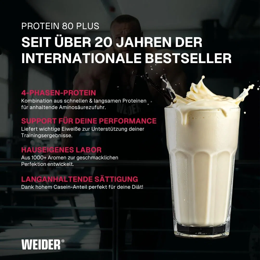 Weider - Protein 80 Plus - 4-Komponenten Protein Pulver - Hoher Proteingehalt mit 80% Eiweiß - Cremige Shakes mit Calcium & Vitamin B6 - 500g - Vanille