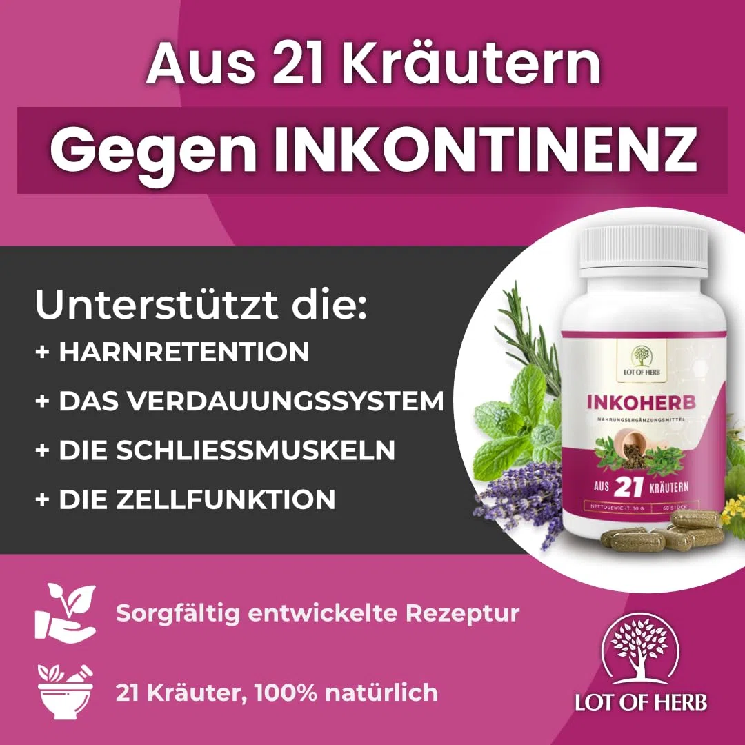 Inkoherb aus 21 Kräuter zur natürlichen Stärkung der Blasenfunktion - Kann bei Inkontinenz Blasenschwäche Harndrang unterstützen - Nahrungsergänzungsmittel für Frauen und Männer - 60Stk