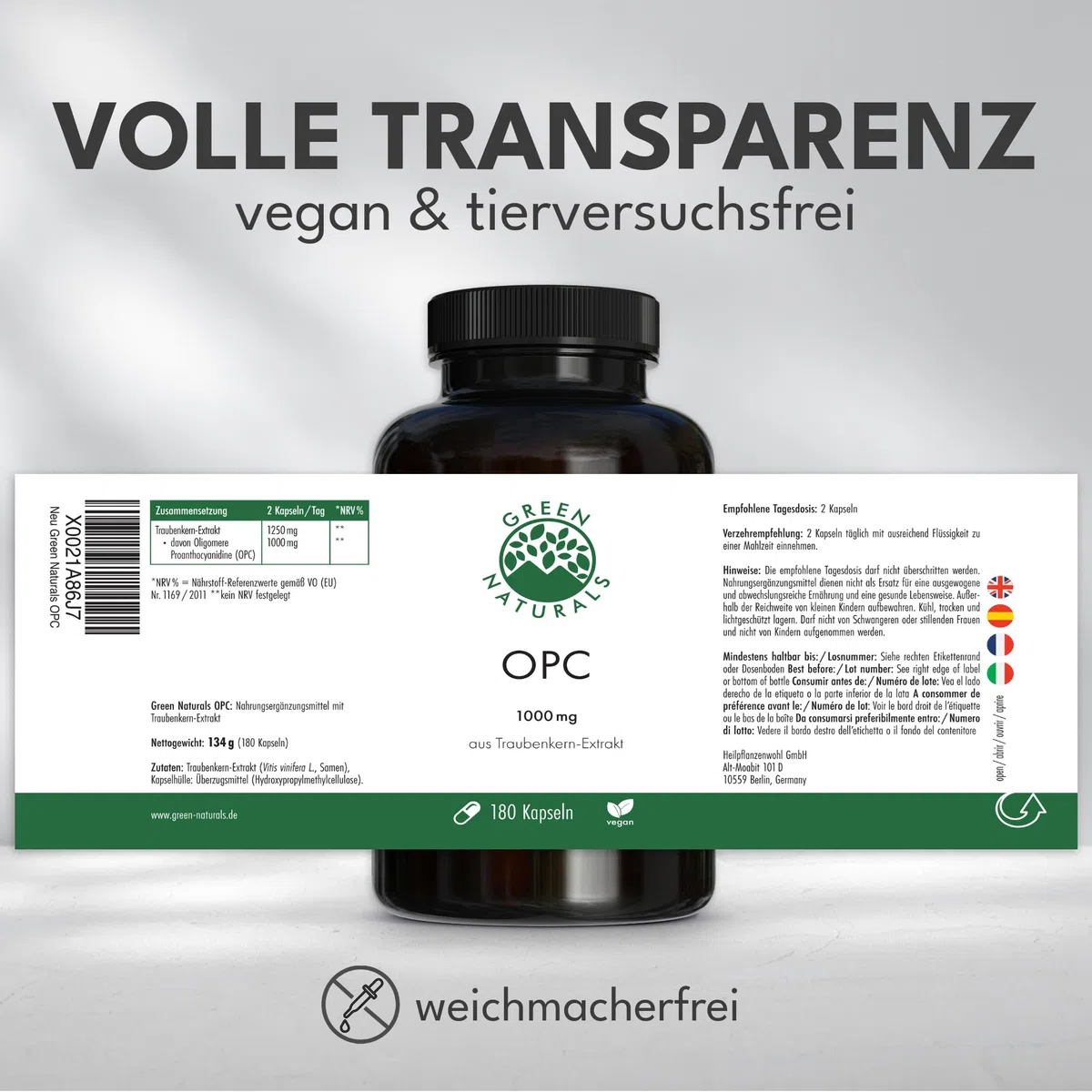 Green Naturals OPC Traubenkernextrakt – Hochdosiert: 1.250 mg Extrakt | 1.000 mg OPC pro Tagesdosis · 180 Kapseln · 3-Monatsvorrat