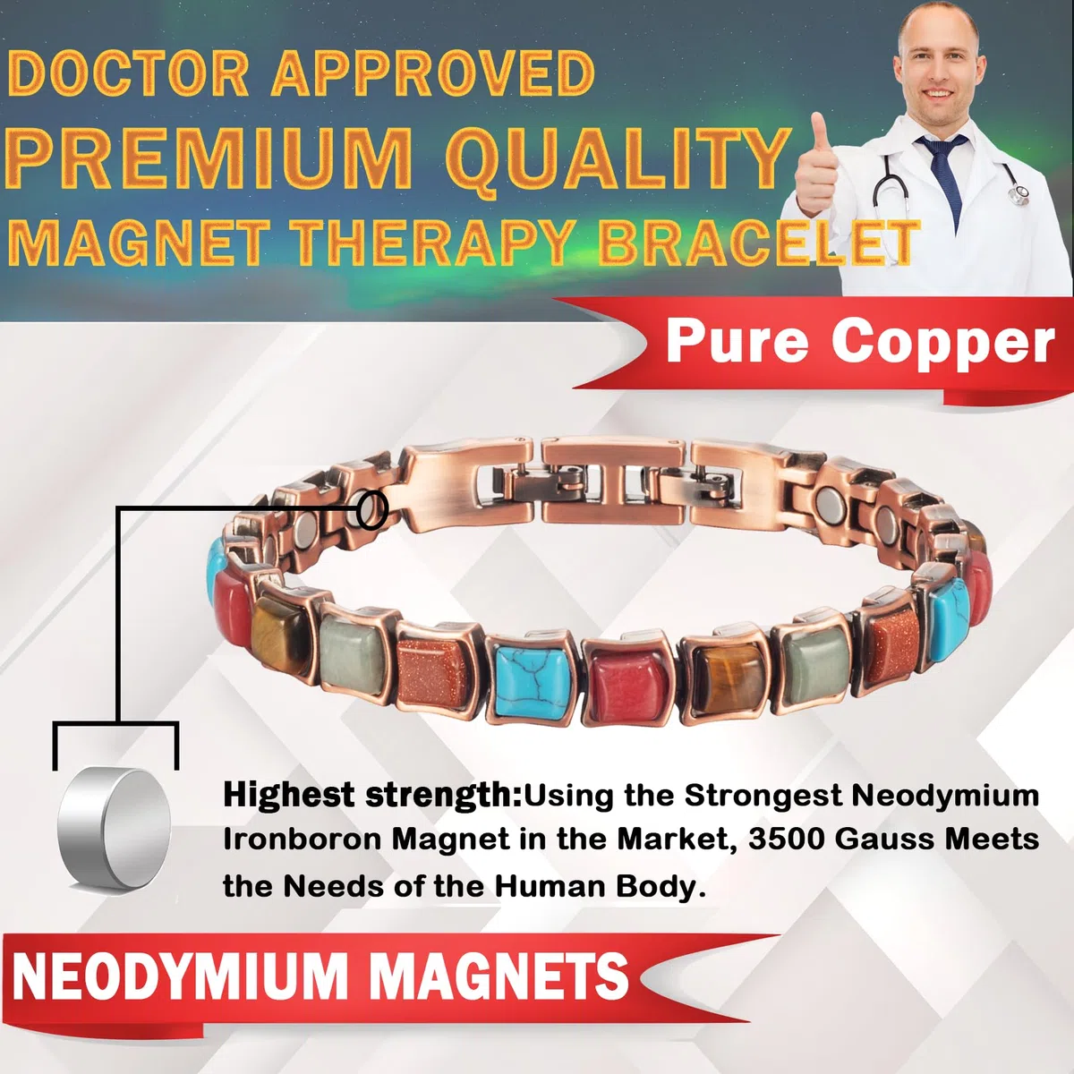YINOX Magnetfeldtherapie-Kupferarmband für Frauen, türkisfarbenes buntes Armband, reines Kupfer-Magnetarmband