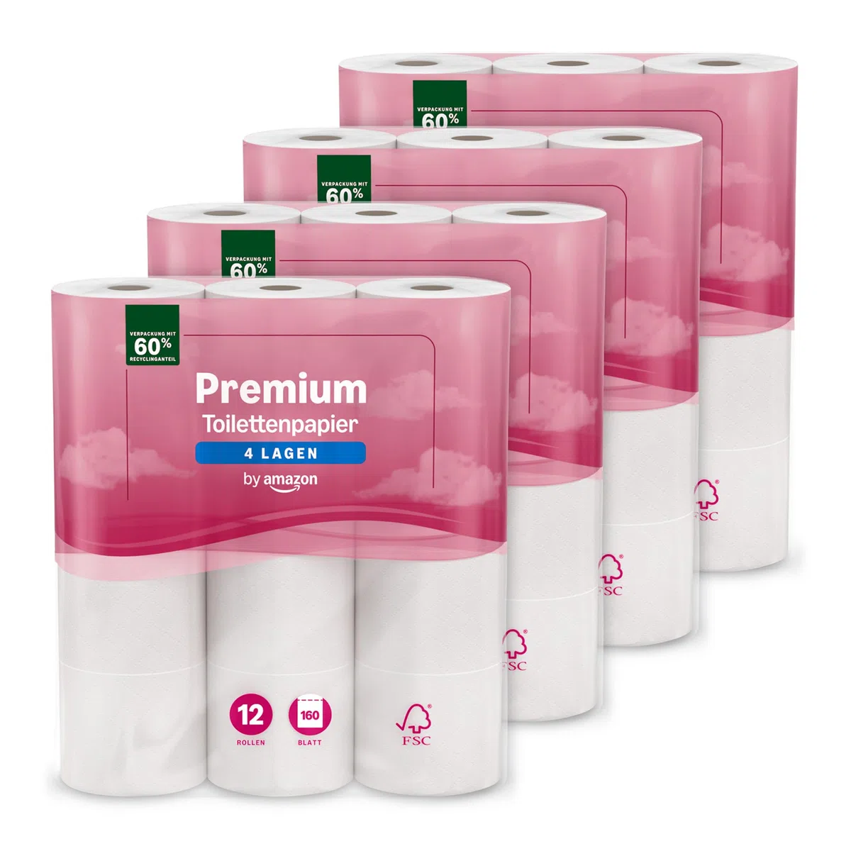 by Amazon Premium Toilettenpapier, 4-lagig, 48 Rollen (4 Packungen à 12 Stück), 160 Blatt pro Rolle, FSC-zertifiziert