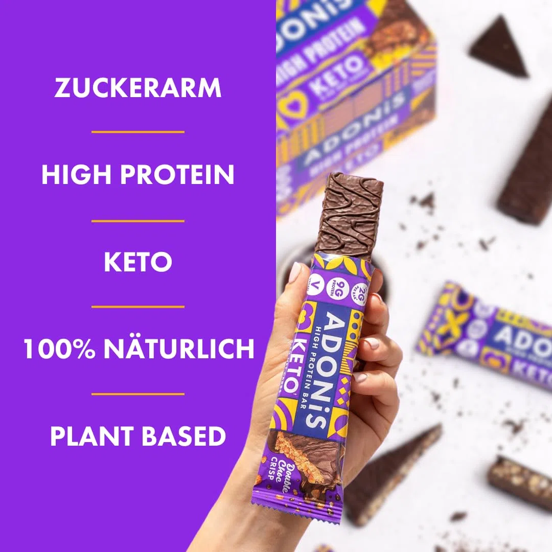 Adonis Keto Riegel Erdnussbutter-Karamell – 16 x 45g | Low-Carb Eiweißriegel | 9g Protein, 2g Zucker | Keto-freundlich, ballaststoffreich | Ohne Zuckerzusatz (Schokolade)