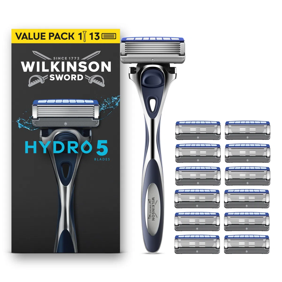 Wilkinson Sword Hydro 5 Herrenrasierer, Vorteilspack, Haut-Hydratation, karbonbeschichtete Klingen, Rasierergriff plus 13 Ersatzklingen