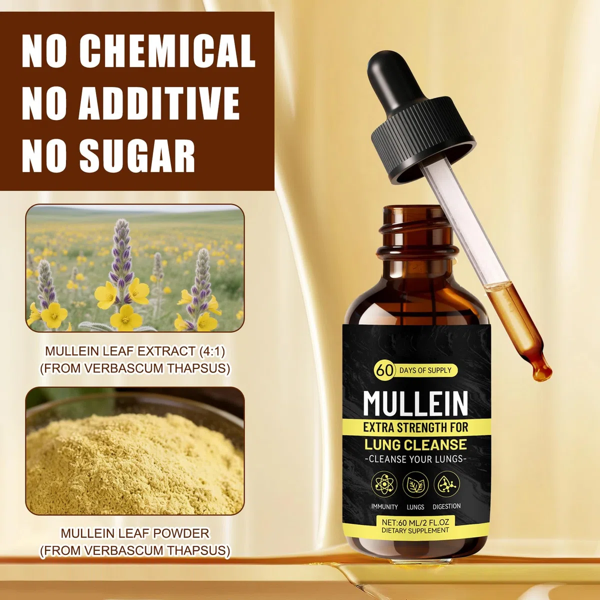 Mullein Tropfen Königskerze Extrakt, Lungenreinigungs Tropfen, Natürlich Mullein Leaf Extract Drops, zur Lungenreinigung, Schnelle Absorption für Männer und Frauen (60 ml)
