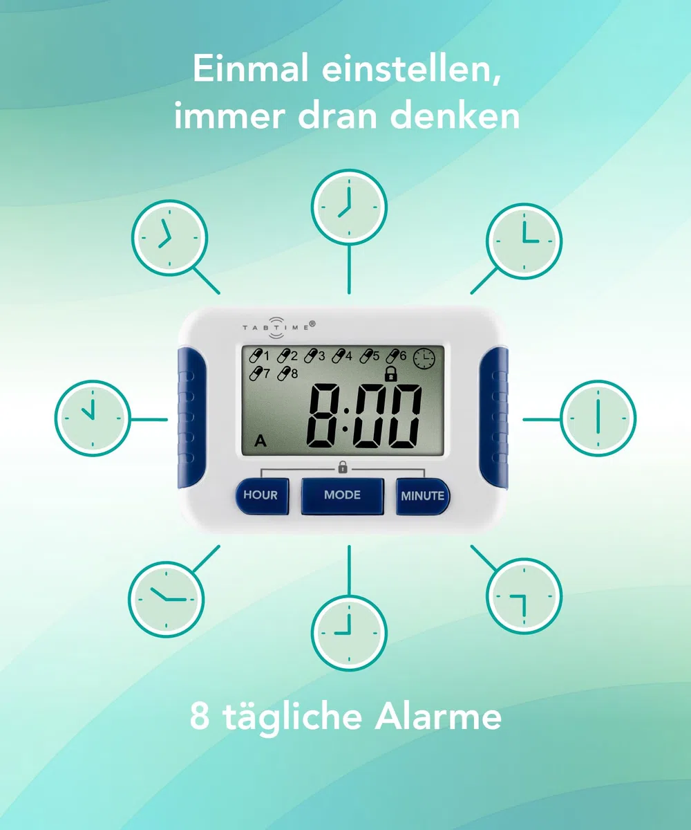 TabTime Timer (mit deutscher Anleitung), Pillenerinnerung, Medikamenten-Uhr/Wecker mit 8 Alarmen pro Tag, essentiell für Parkinson-Patienten