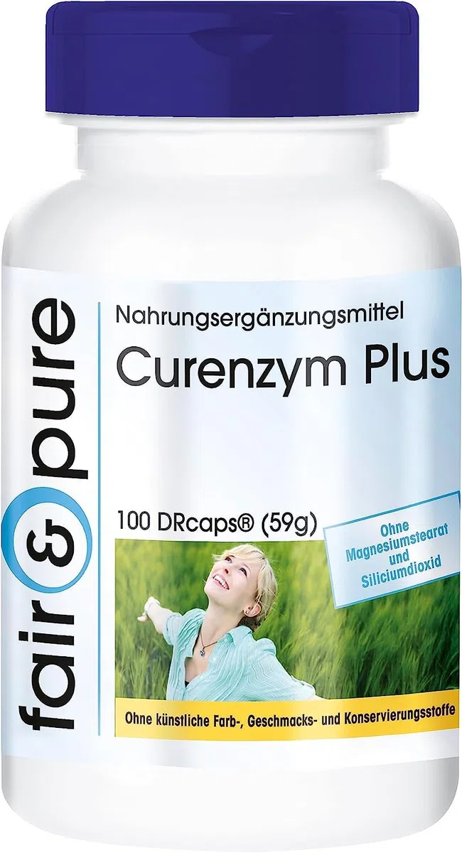 Fair & Pure Curenzym Plus, 100 Kapseln, schluckfreundlich, magensaftresistent, Enzym Komplex mit Bromelain, Trypsin, Chymotrypsin und Rutosid, ohne Magnesiumstearat, made in Germany