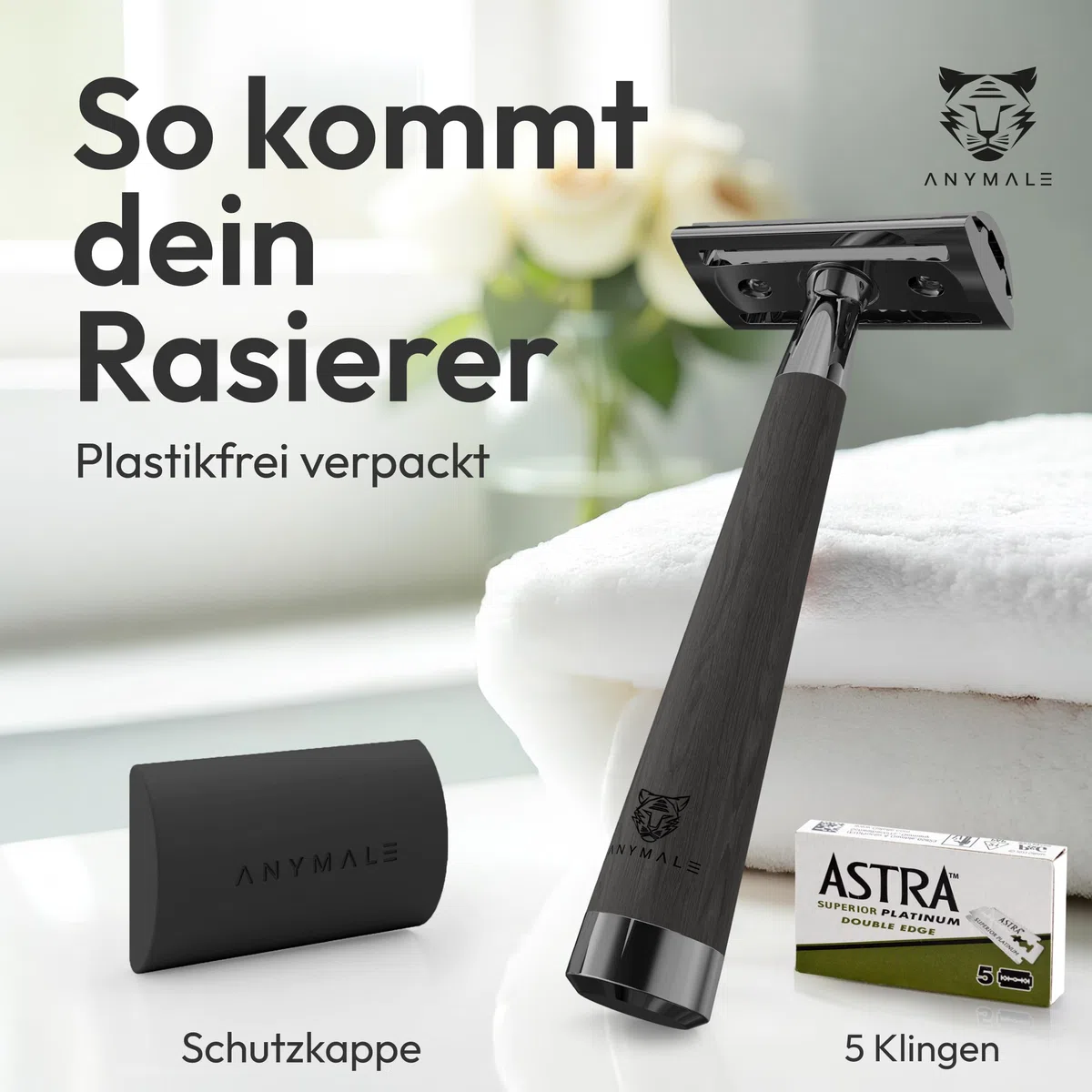 Rasierhobel „Midnight“ für Damen & Herren Griff aus Ahornholz (Schwarz) - Holz Nassrasierer & Rasierer Metall mit 5 Klingen (Zero Waste) - Männer-Rasierer, Klingenrasierer & Safety Razor