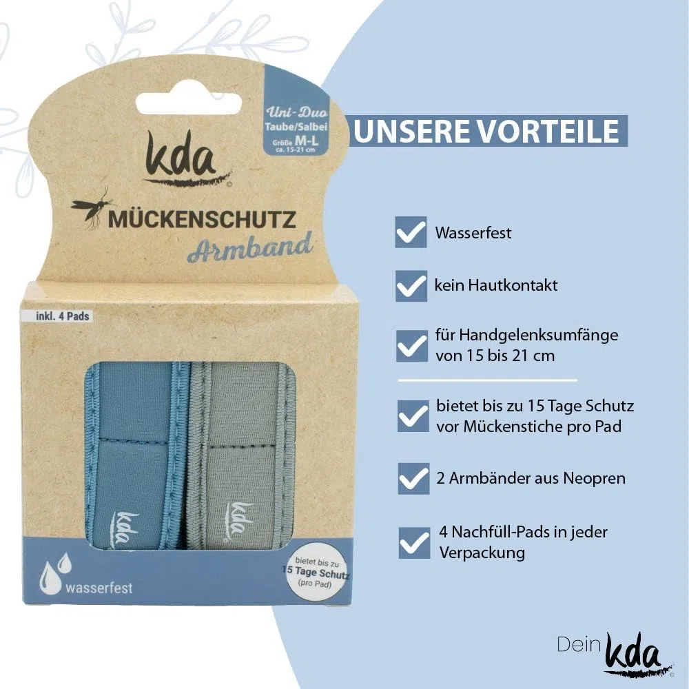 kda Mückenschutzarmbänder Uni DUO - 2 Armbänder 4 Nachfüller + GRATIS MÜCKENSCHUTZSTICKER - Sicherer Mückenschutz Moskito Insektenschutz - Outdoor Wandern Camping Sport Sommer Must Have - Taube/Salbei