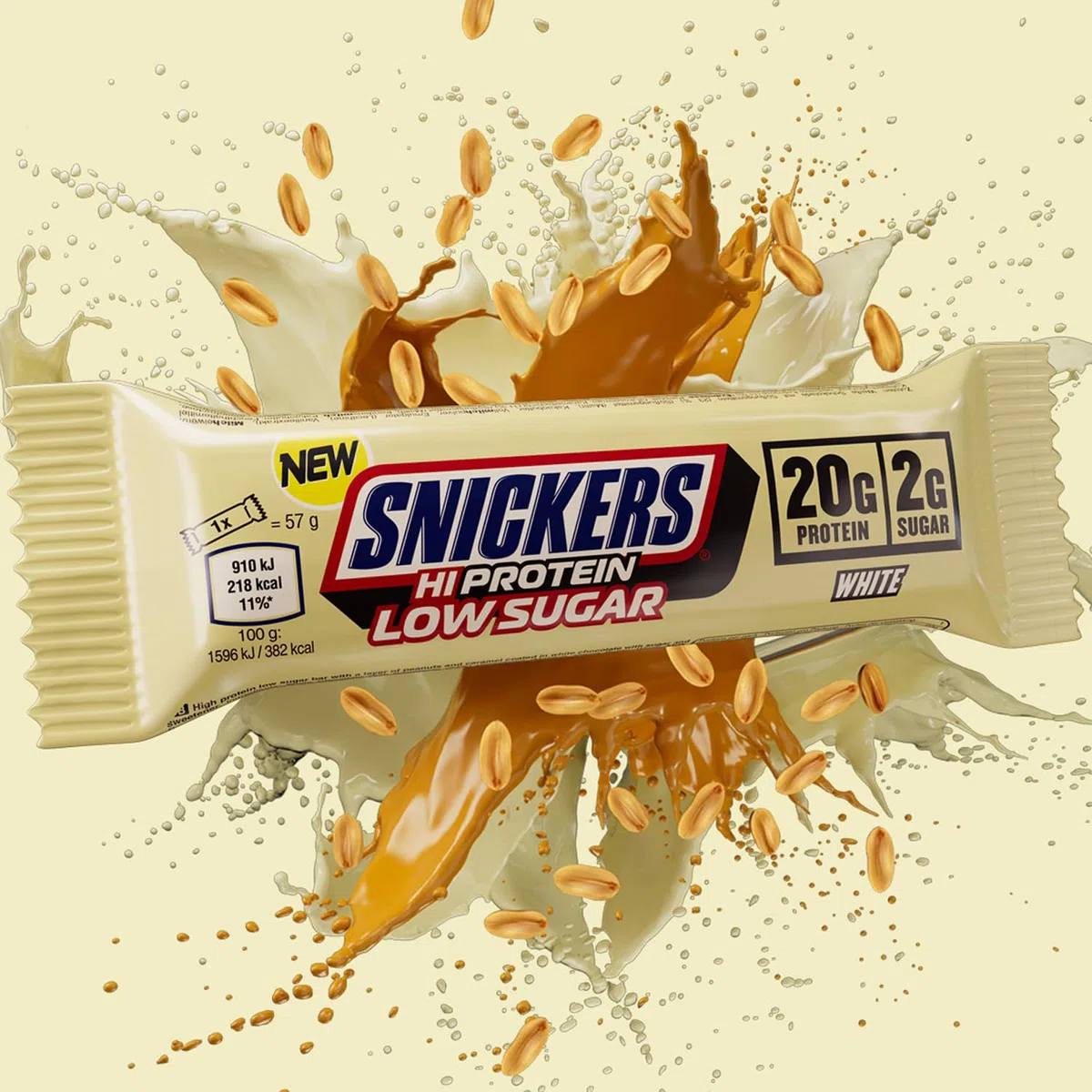 Snickers White Low Sugar High Protein Bar (12 x 57g) – White Chocolate – 20g Eiweiß – Zuckerreduziert – Proteinriegel mit weißer Schokolade & Erdnüssen – Ideal für Muskelaufbau