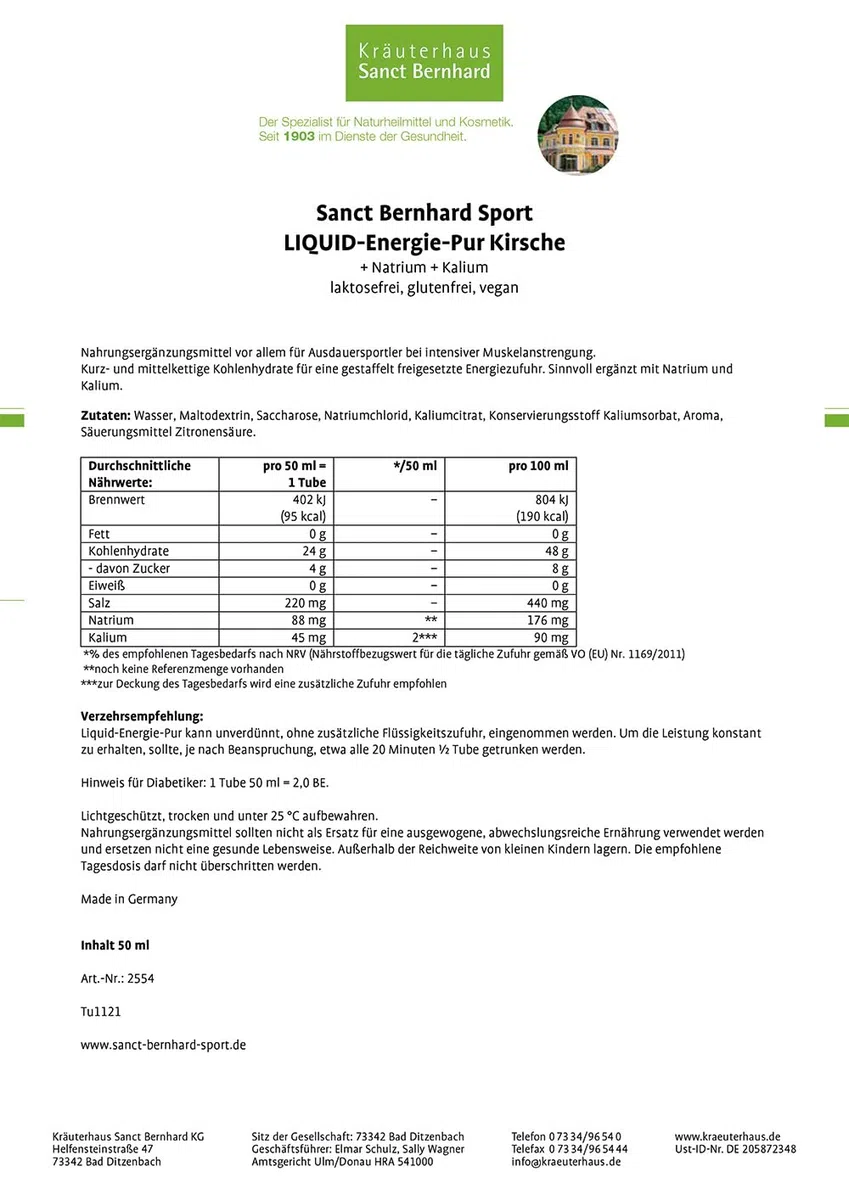 Sanct Bernhard Sport Liquid Energie Pur | 11 Tuben | Kohlehydratreiches Energie-Gel | Geschmack Kirsche | Laktosefrei, glutenfrei und vegan | Deutsche Produktion & laborgeprüft