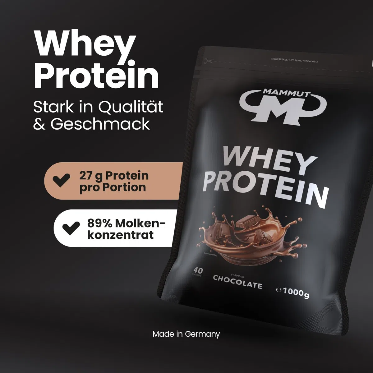 Mammut Nutrition Whey Protein Pulver Chocolate – 1kg – 27g Protein pro Portion – Eiweißpulver mit hohem BCAA-Anteil – Perfekte Löslichkeit in Wasser & Milch – Ideale Zwischenmahlzeit